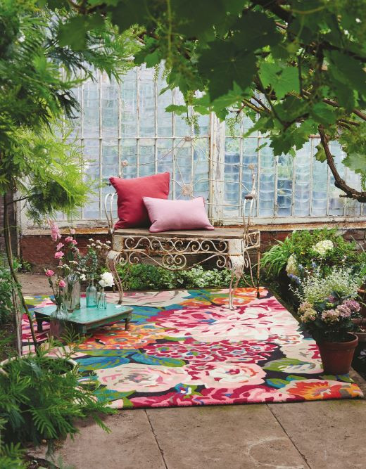 Sanderson Rose & Peony Cerice outdoor rug is available from talkrugs rug showroom in Knutsford Cheshire
